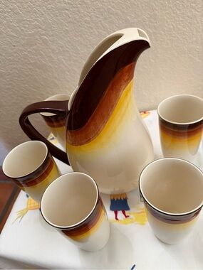 Retro Ceramic Pitcher and 5 Tumblers - Brown, Amber & Cream